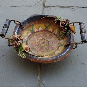 Vintage Tuscan Earthenware Rustic Heavy Clay Handcrafted Floral Bowl